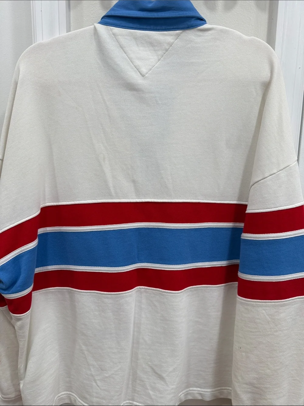 Tommy Hilfiger Cream Rugby Polo with Blue Collar and Red & Blue Chest Stripes - Picture 4 of 5